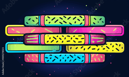 Stylized 90s slap bracelets in neon and pastel colors, stacked together in playful arrangement. Vector illustration.