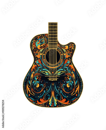 Stylized vector of a guitar with intricate details and a colorful design.