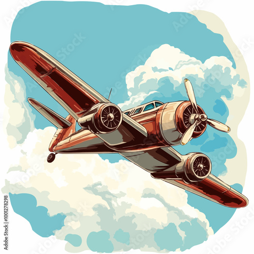 Stylized vector of a retro airplane with a propeller and curved wings, flying above clouds.