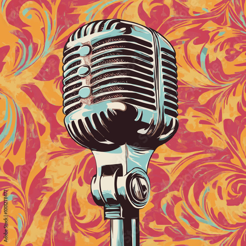 Stylized vector of a vintage microphone with a chrome grill and stand, set against a patterned background.