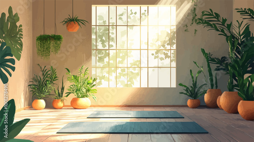 Stylized vector of a yoga studio with mats, plants, and soft sunlight streaming in.