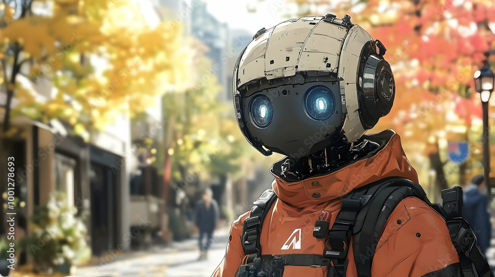 Robot Exploring City Streets in Autumn Robot Exploring City Streets in Autumn