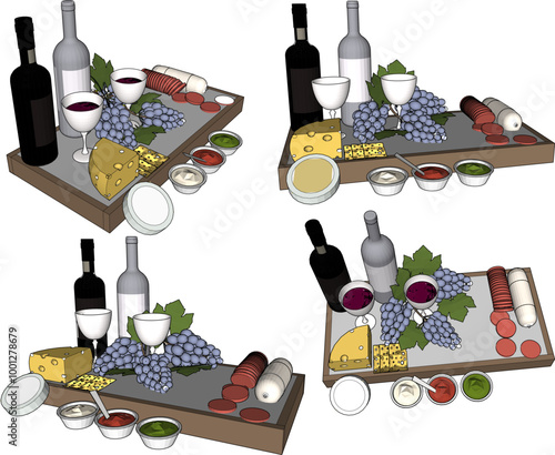 Vector sketch illustration of food tray design silhouette with drinks for breakfast on table