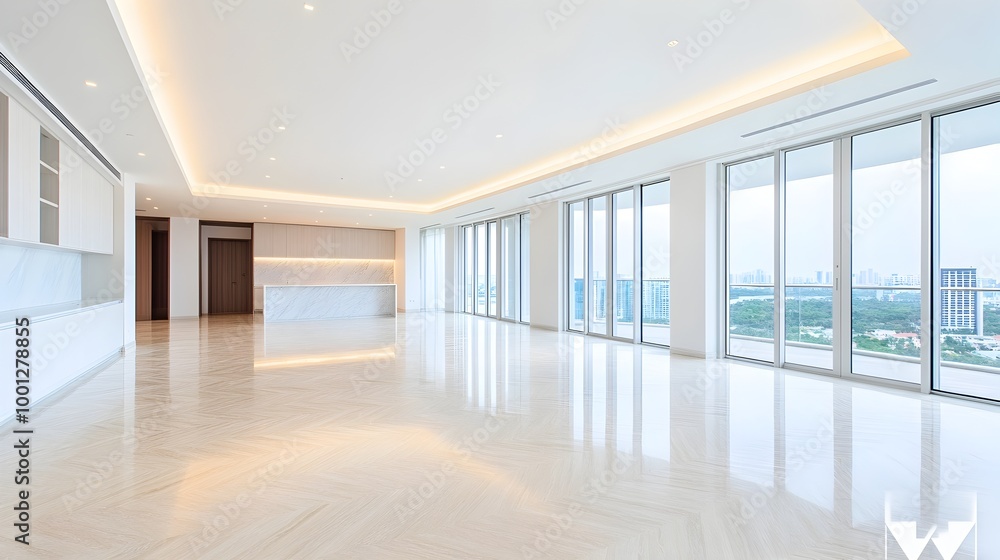 Spacious and Bright Modern Office Interior with Panoramic City View Spacious and Bright Modern Office Interior with Panoramic City View