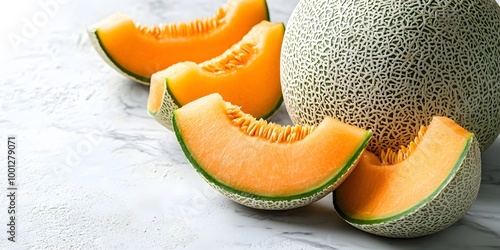 Fresh cantaloupe melons, both whole and sliced, rest on a white marble countertop, revealing vibrant orange flesh and seeds with soft natural light for a rustic yet elegant food composition. photo