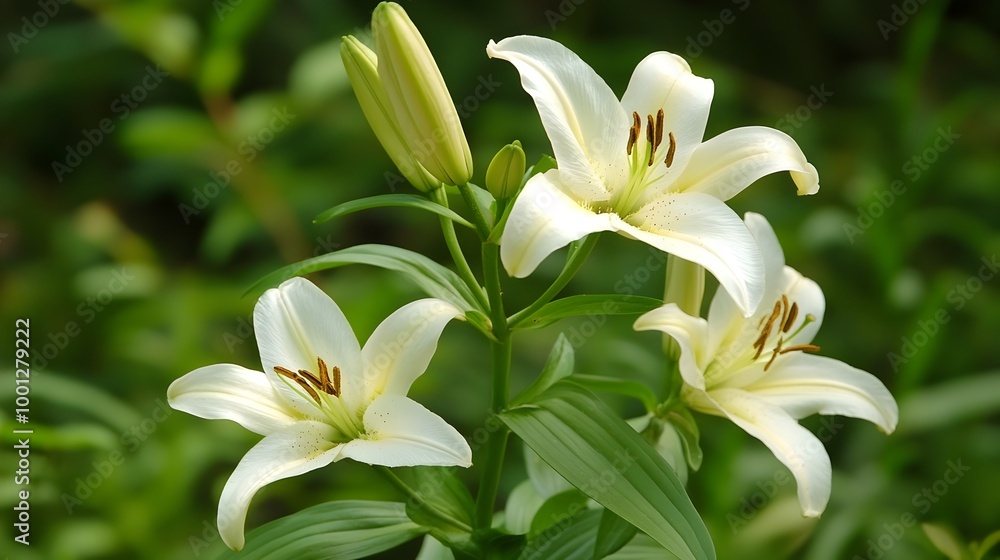 Fototapeta premium Beautiful Lily Flowers Blooming in Verdant Garden with Green Leaves