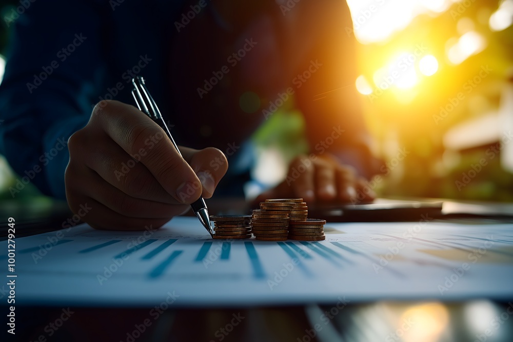A person writes on a financial document, with coins stacked and a calculator nearby, set against a warm sunset background. A person writes on a financial document, with coins stacked and a calculator nearby, set against a warm sunset background.