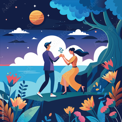 Romantic Starlit Proposal night landscape design template moonlight royalty free images generated Ai