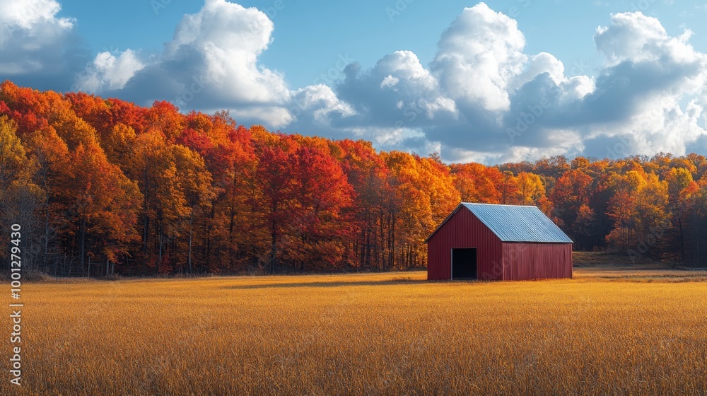 Vibrant Autumn Landscape with Red Barn and Colorful Trees Vibrant Autumn Landscape with Red Barn and Colorful Trees