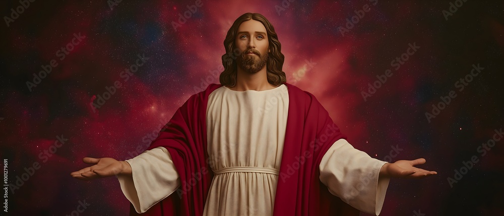Obraz premium A depiction of a figure resembling Jesus, with outstretched arms, set against a cosmic, starry background.