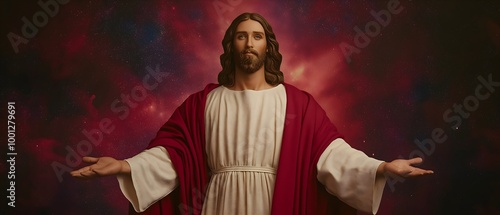 A depiction of a figure resembling Jesus, with outstretched arms, set against a cosmic, starry background.