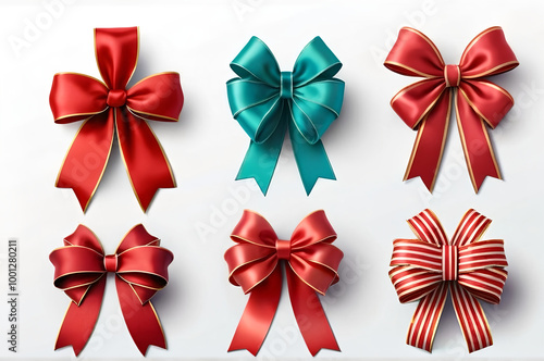  collection of six decorative bows arranged neatly in two rows on a plain white background. The top row features three bows: a red bow with gold trim, a teal blue bow, and another red bow with a diffe