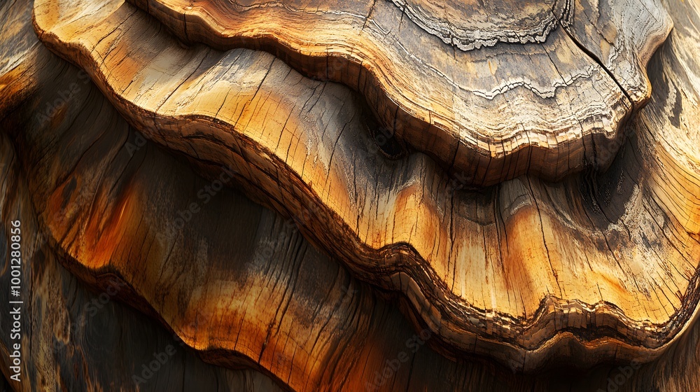 A close-up of an old wood with many visible lines and swirls, wavy resin sheets A close-up of an old wood with many visible lines and swirls, wavy resin sheets