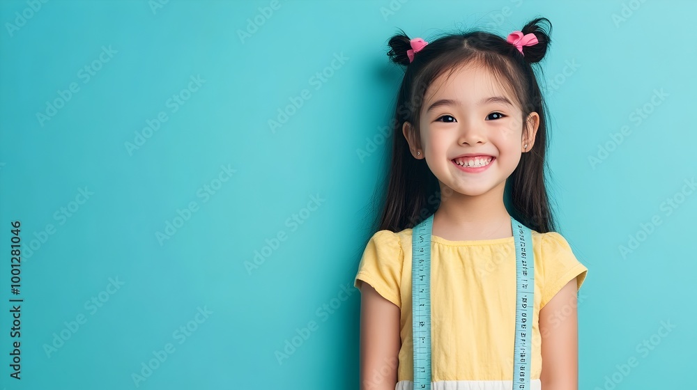 Cheerful Young Girl with Pigtails Smiling Against Turquoise Background Cheerful Young Girl with Pigtails Smiling Against Turquoise Background
