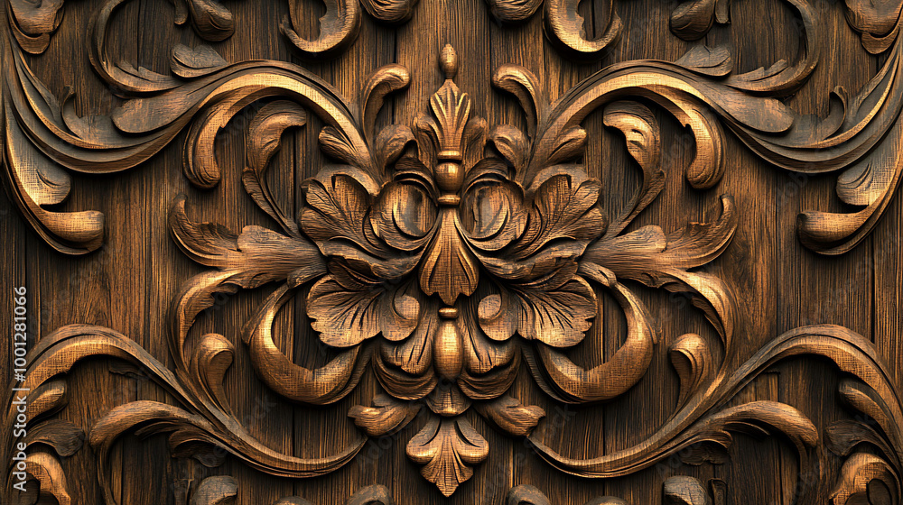 A close-up of intricately carved wood paneling. A close-up of intricately carved wood paneling.