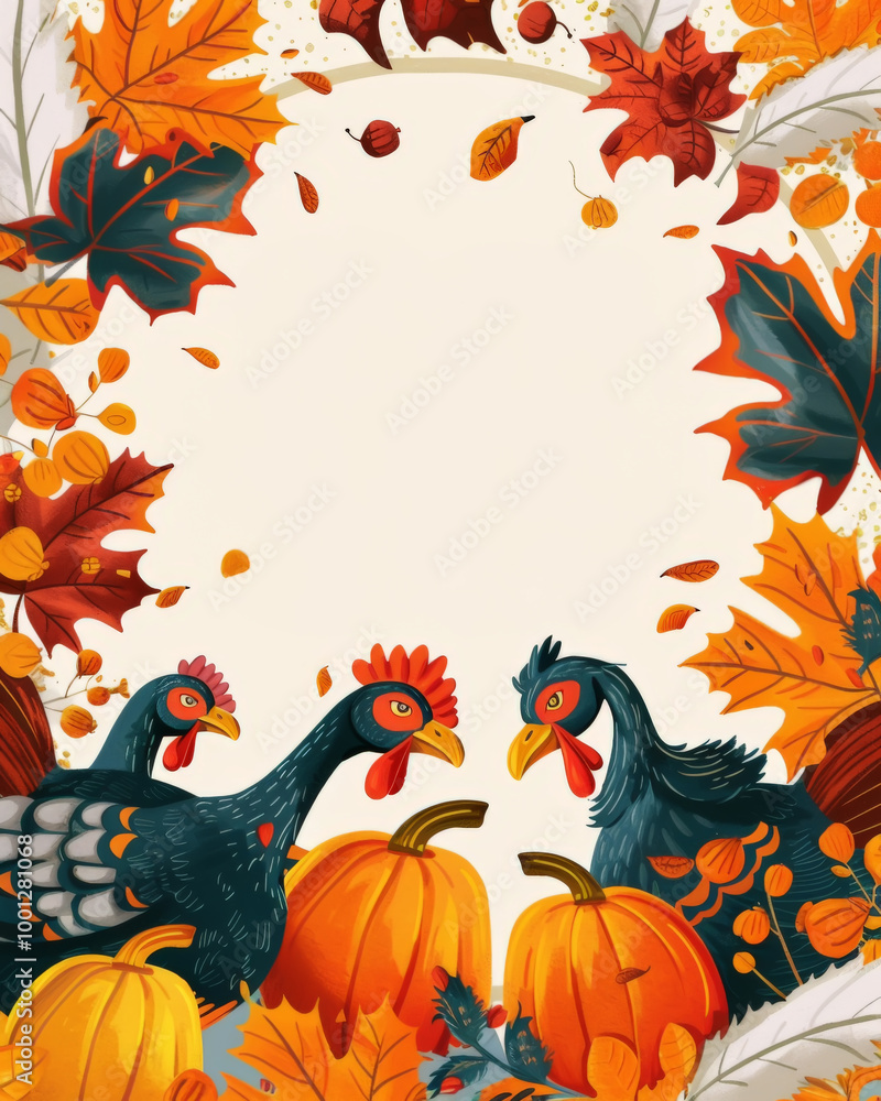 Obraz premium Thanksgiving turkeys with pumpkins and autumn leaves border