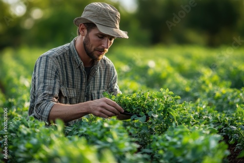 Farmer Examining Crops in a Lush Green Field