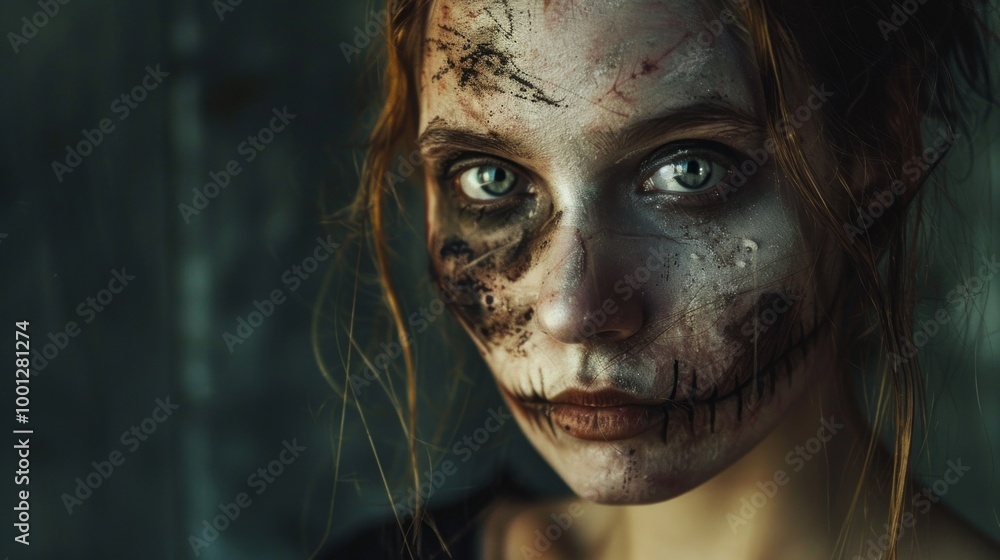 A woman with a scary face painted on her face A woman with a scary face painted on her face