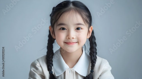 Cheerful young Asian girl with braids smiling at