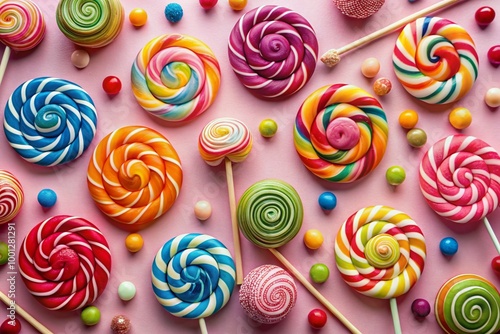 Vibrant colorful lollipops in assorted flavors and sizes scattered randomly on a soft pastel pink background, creating