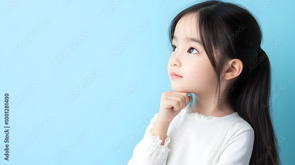 Thoughtful Young Woman Pondering in Minimalist Blue Studio Thoughtful Young Woman Pondering in Minimalist Blue Studio