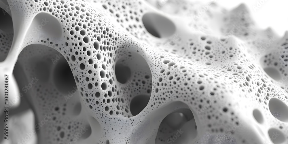 Microscopic view of a white porous structure with intricate cavities and a bone-like texture, presented in extreme close-up with soft lighting for a scientific visualization in minimalist detail. Microscopic view of a white porous structure with intricate cavities and a bone-like texture, presented in extreme close-up with soft lighting for a scientific visualization in minimalist detail.