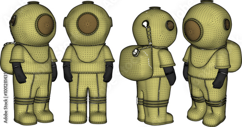 Vector sketch illustration of silhouette design of space astronaut standing on moon wearing protective suit of diver in sea water