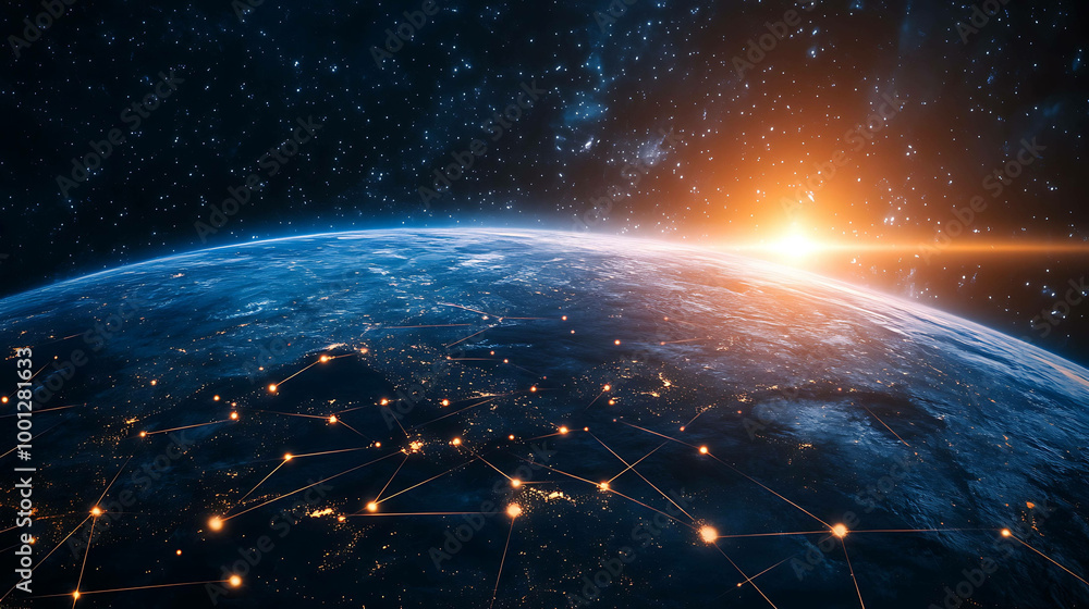 Obraz premium A digital illustration of planet Earth from space with glowing lines connecting cities and a sunrise behind it.