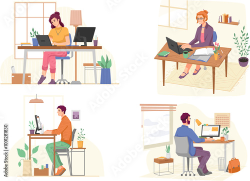 People working in home office, different angles