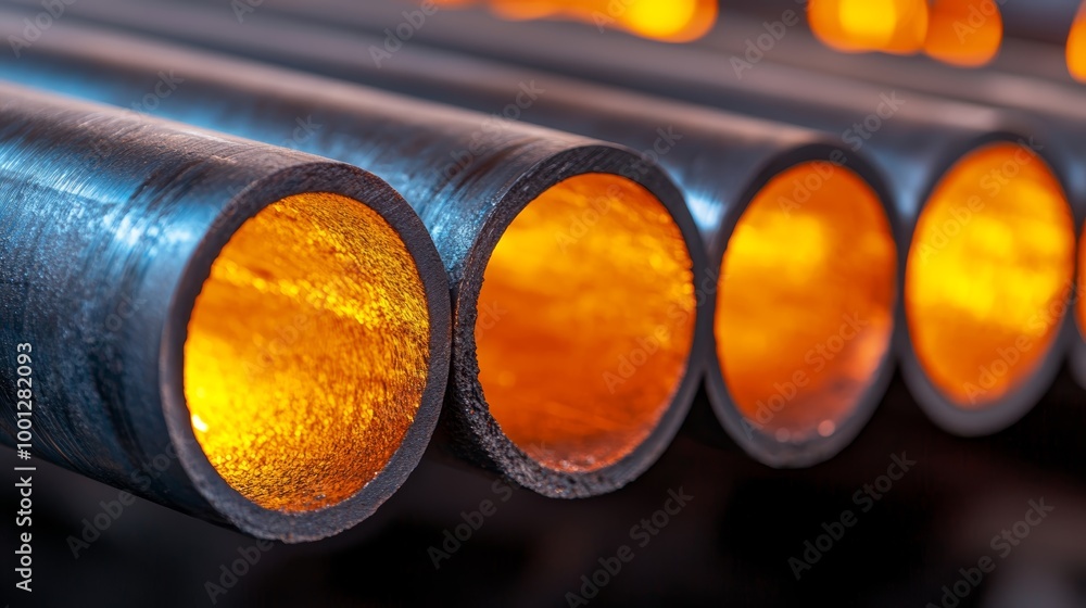 Close-up of glowing hot steel pipes in a factory. The pipes are arranged in a row and the light from the inside illuminates the metal. Close-up of glowing hot steel pipes in a factory. The pipes are arranged in a row and the light from the inside illuminates the metal.