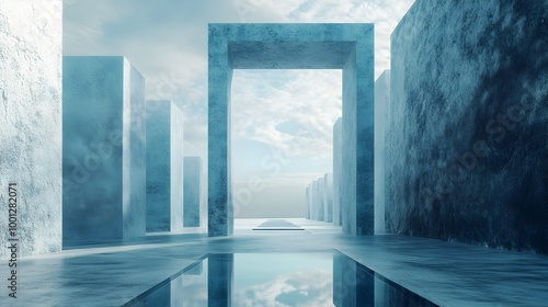 Serene Architectural Passage Reflecting the Sky and Clouds