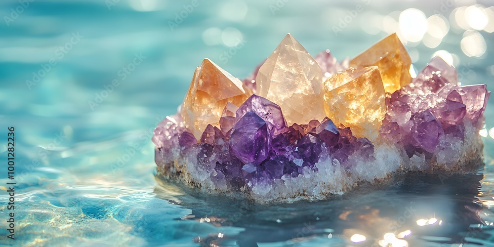 Raw gemstones, including rose quartz and amethyst, sparkle against an ocean background with turquoise water, capturing natural mineral beauty and sunlight reflections in high contrast. Raw gemstones, including rose quartz and amethyst, sparkle against an ocean background with turquoise water, capturing natural mineral beauty and sunlight reflections in high contrast.
