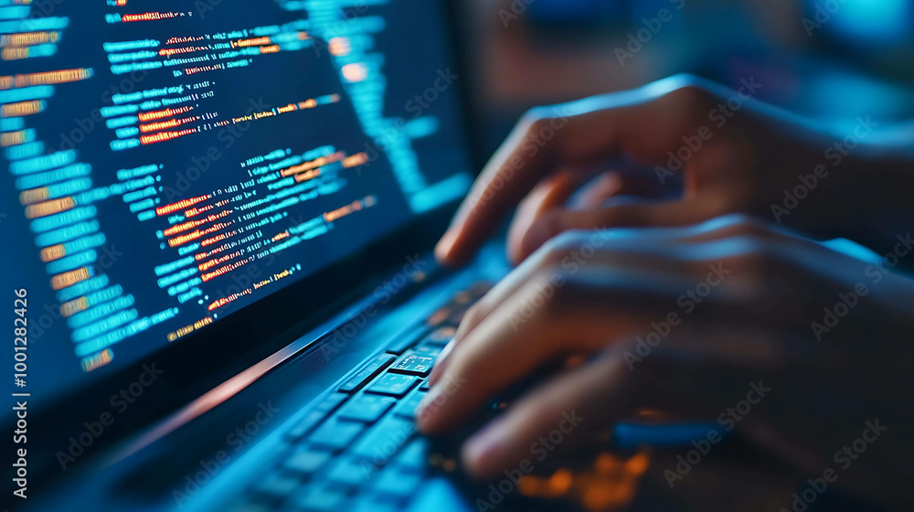 Close-up of hands typing on a laptop, with lines of code visible on the screen. Close-up of hands typing on a laptop, with lines of code visible on the screen.