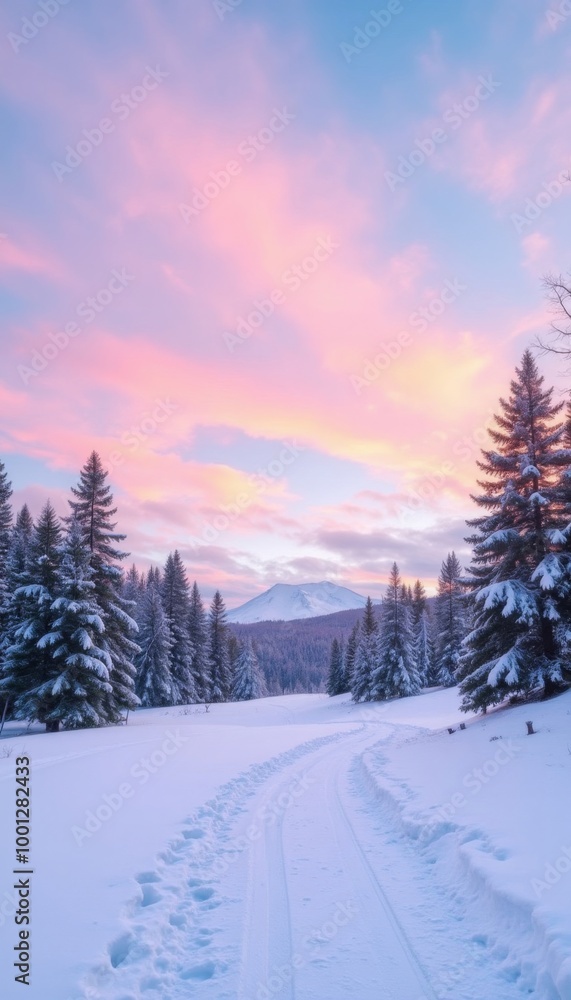 Snowy forest landscape with mountains and sunset, winter scene Snowy forest landscape with mountains and sunset, winter scene