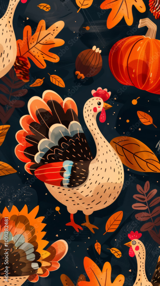 Thanksgiving turkeys with autumn leaves and pumpkins Thanksgiving turkeys with autumn leaves and pumpkins