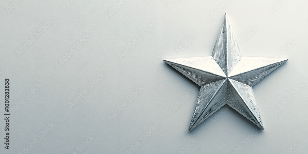 A silver metallic five-pointed star with a brushed aluminum texture sits in a minimalist composition, emphasized by soft lighting and subtle shadows on a plain light gray background. A silver metallic five-pointed star with a brushed aluminum texture sits in a minimalist composition, emphasized by soft lighting and subtle shadows on a plain light gray background.
