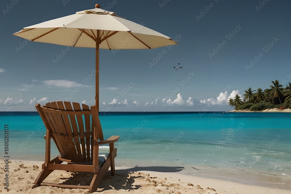 Fototapeta premium A serene beach scene featuring a single empty wooden lounge chair under a large beige umbrella, positioned on the sandy shore. 