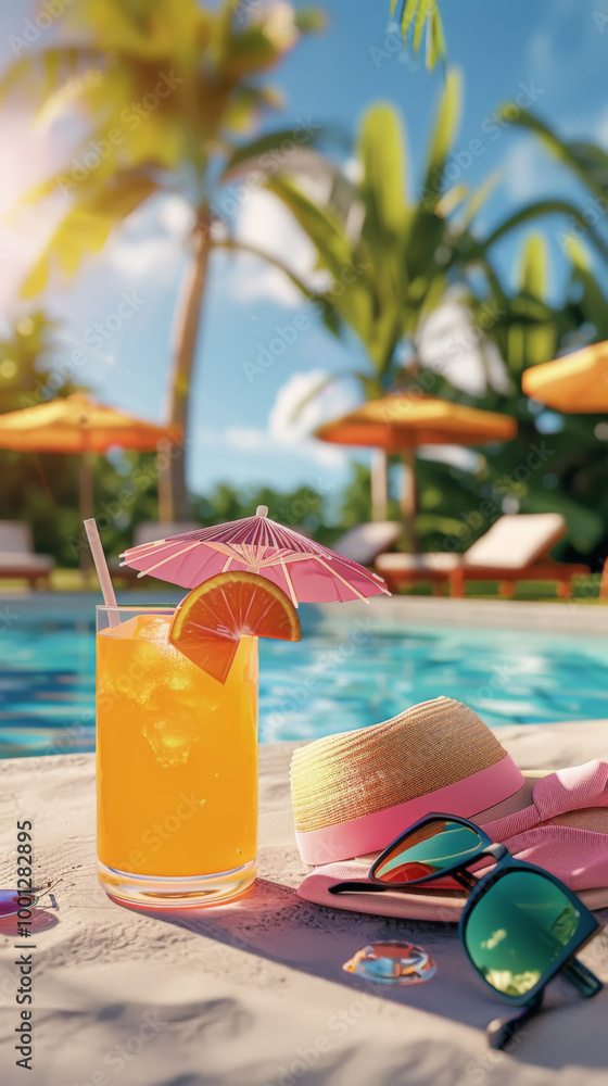 Tropical poolside drink with umbrella and hat Tropical poolside drink with umbrella and hat