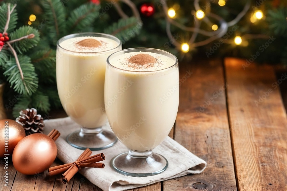 Eggnog on a Wooden Table with Festive Decor And Copy Space Eggnog on a Wooden Table with Festive Decor And Copy Space