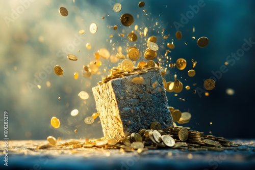 Golden Coins Falling on a Stone Block photo