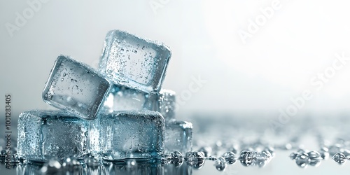 Stacked transparent ice cubes with realistic water droplets and a melting effect are presented in macro photography, featuring a cool blue tint and studio lighting for crystal-clear detail.