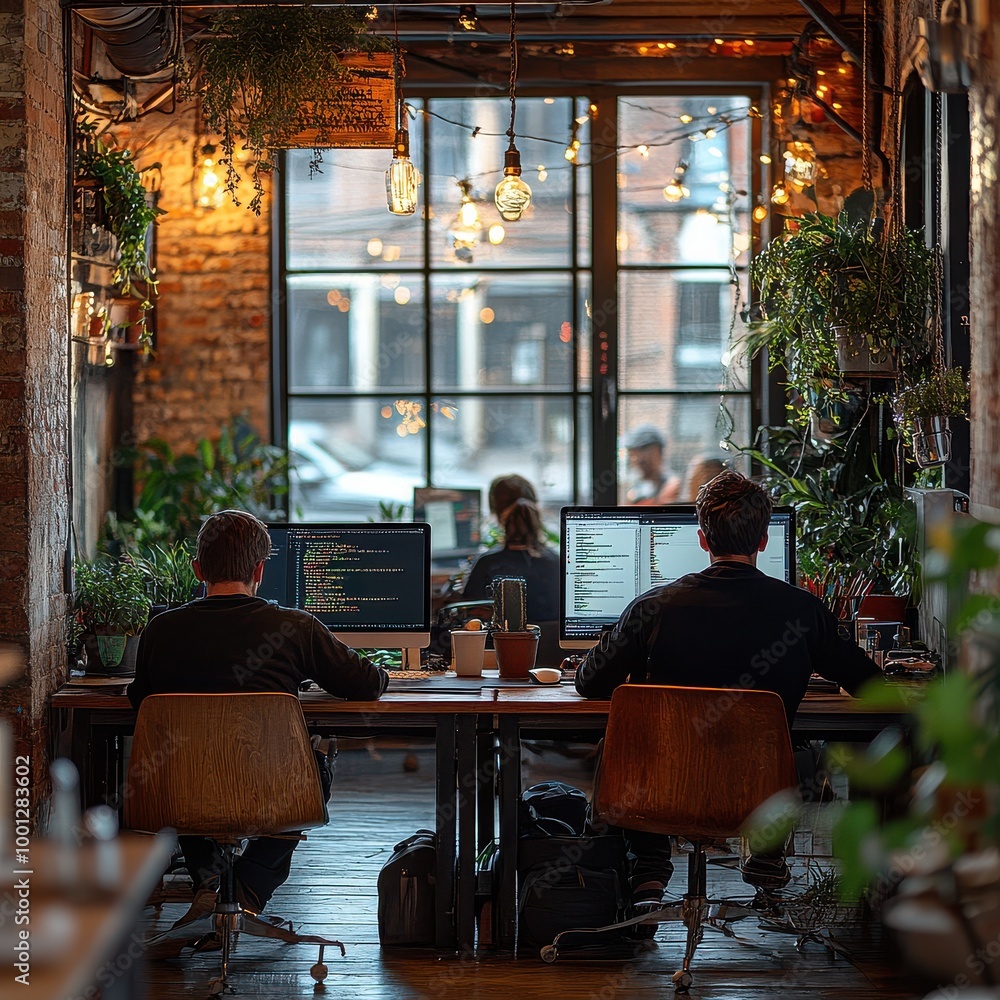 Modern Office Space with Exposed Brick Wall and Greenery. Modern Office Space with Exposed Brick Wall and Greenery.