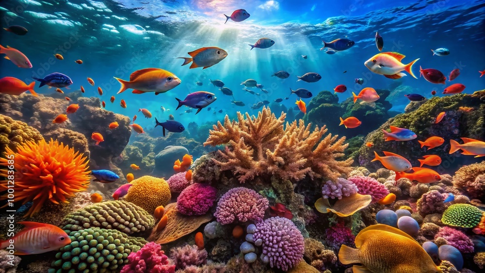 Naklejka premium Vibrant coral reef scene with schools of tiny fish, seaweed, and ocean rocks, perfect for desktop and mobile