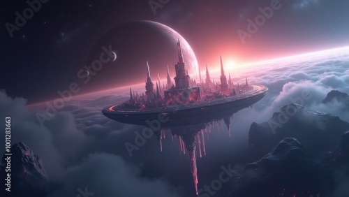 Generative AI, a futuristic city in the sky surrounded by clouds and planets with a distant star in the background, with a distant star in the sky, matte fantasy painting, a matte painting, fantasy a
