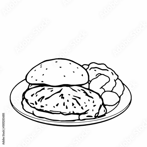 Beef Wellington with Mashed Potatoes – Gourmet Meal Black Outline Vector Illustration