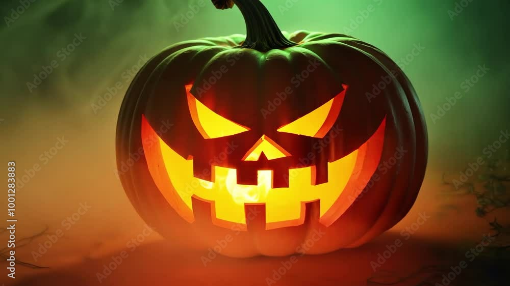 Glowing halloween pumpkin with eerie atmosphere and mysterious fog Glowing halloween pumpkin with eerie atmosphere and mysterious fog