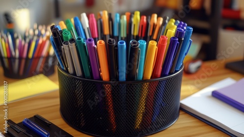 A container filled with colorful pens and markers on a workspace. photo