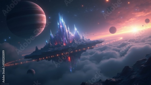 Generative AI, a futuristic city in the sky surrounded by clouds and planets with a distant star in the background, with a distant star in the sky, matte fantasy painting, a matte painting, fantasy a
