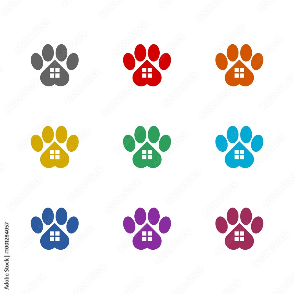 Fototapeta premium Dog house and paw print pet icon isolated on white background. Set icons colorful