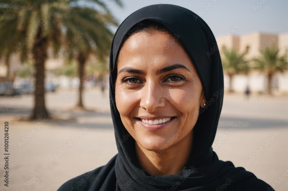 Close portrait of a smiling 40s Omani woman looking at the camera, Omani outdoors blurred background Close portrait of a smiling 40s Omani woman looking at the camera, Omani outdoors blurred background